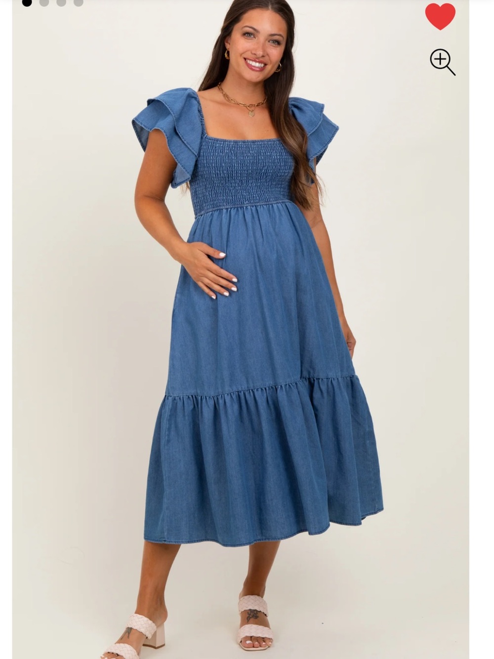 Blue Chambray Smocked Flutter Sleeve Maternity Dress